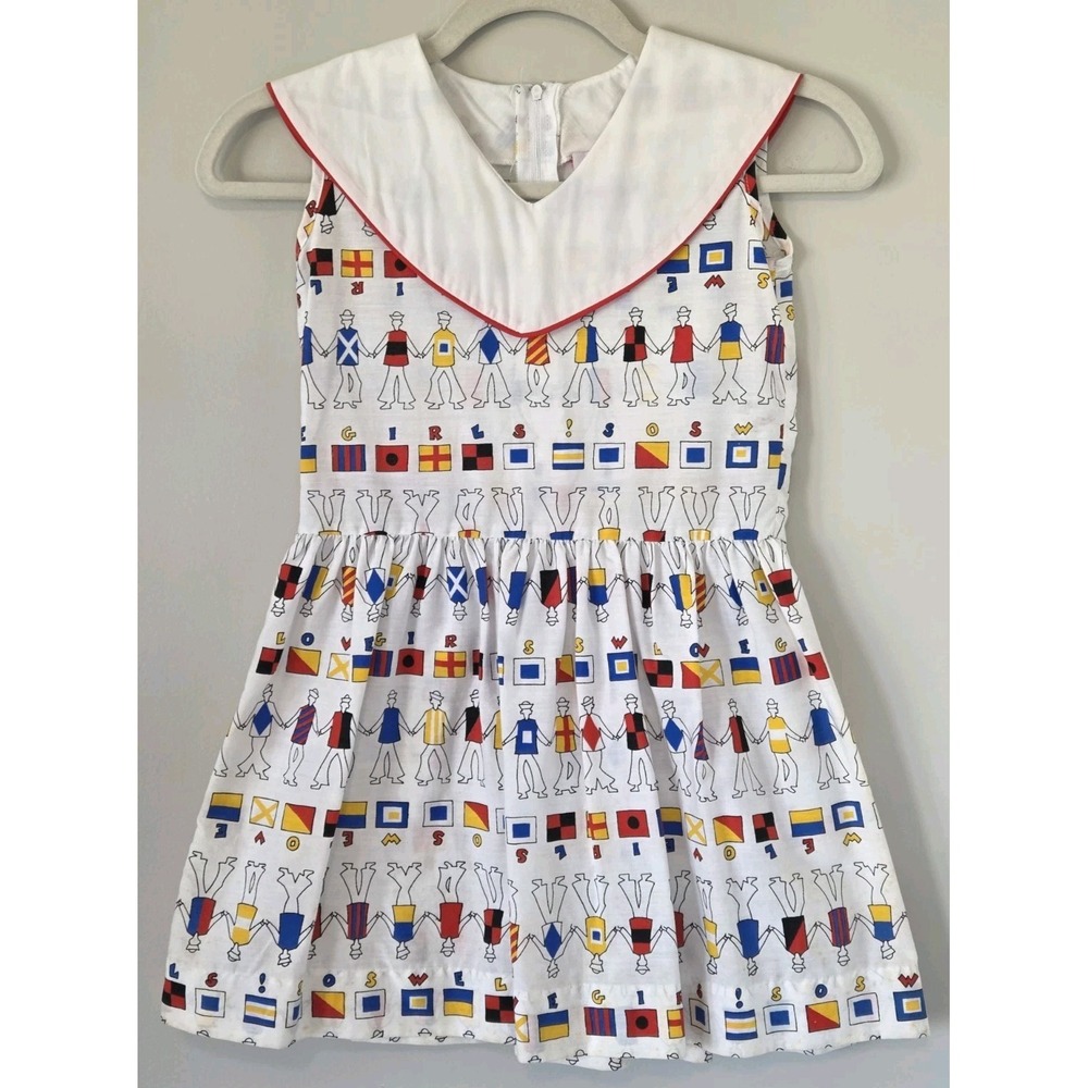 Vintage Martha's Too Girls Dress Collared Sailor Nautical Flags Size 6